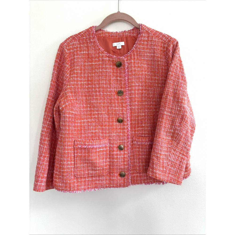 J.Jill Orange Pink Tweed Fringe Trim Button Front Jacket Petite Medium WJT289872